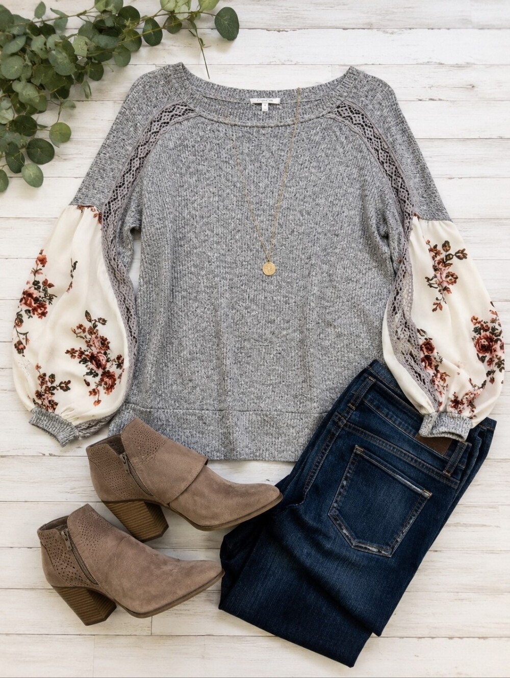 Maurices Gray Knit Floral Balloon Sleeve Lace Trim Sweater Top Women's Large